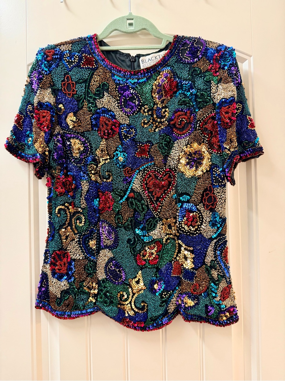Oleg Cassini Multicolor Sequin Embellished Short-Sleeve Top formal gorgeous med